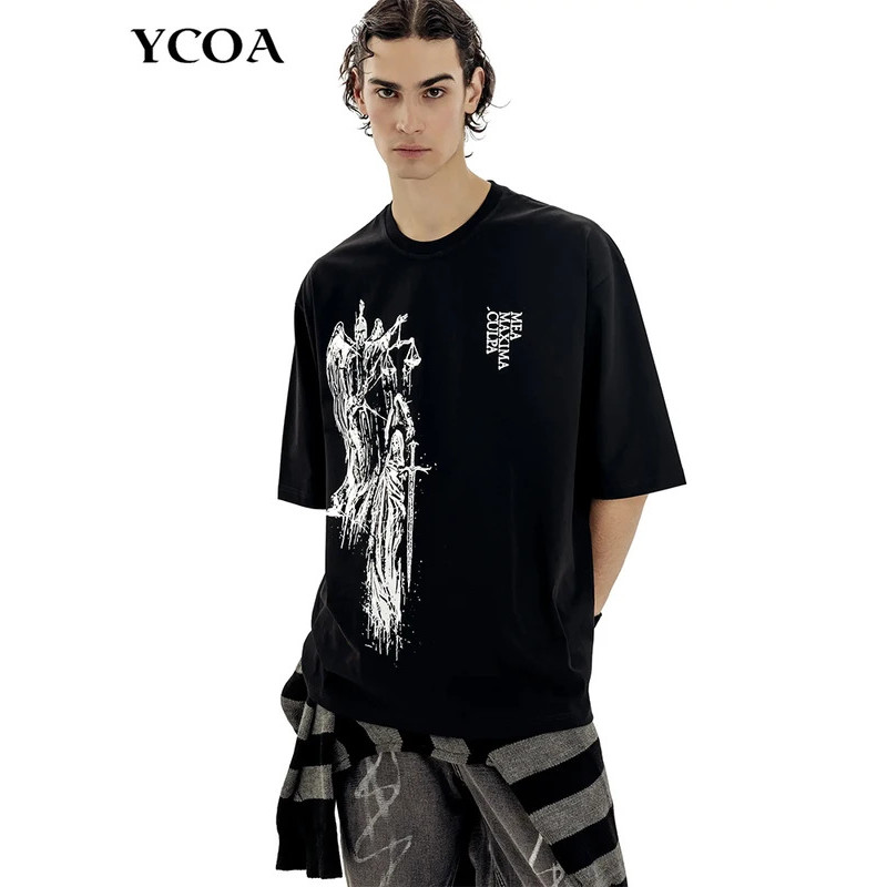 เสื้อยืดผู้ชาย Atrium สีดำ ลายกราฟิก ผ้าฝ้าย 100% พิมพ์ลาย ทรงโอเวอร์ไซส์ วินเทจ แขนสั้น เสื้อยืด Y2