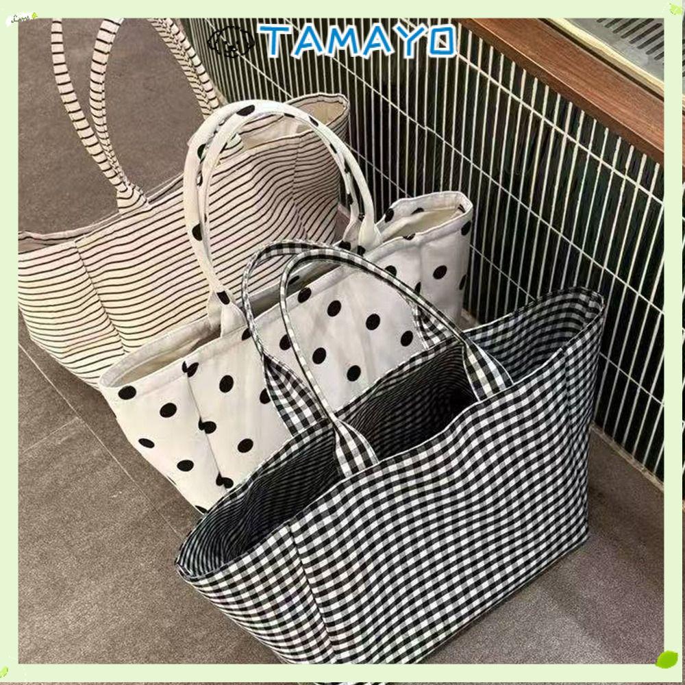 TAMAYO Canvas Tote Bag สไตล์ยุวชน พิมพ์ดอตและลายทาง มีความจุขนาดใหญ่