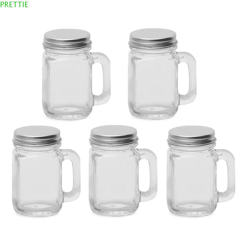 PRETTIE 5 ชิ้น Mini Mason Jar, ขวดแก้วปิดผนึกแบบพกพา 35 มล., ถังเก็บพร้อมฝาปิดน่ารักพร้อมที่จับกาแฟขวดเข้มข้นนม