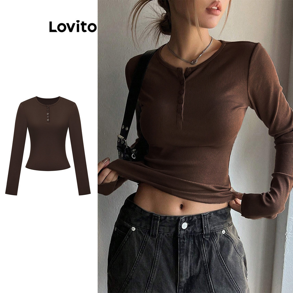 Lovito เสื้อยืดผู้หญิง มีกระดุม สีพื้น สไตล์ลำลอง L106AD183