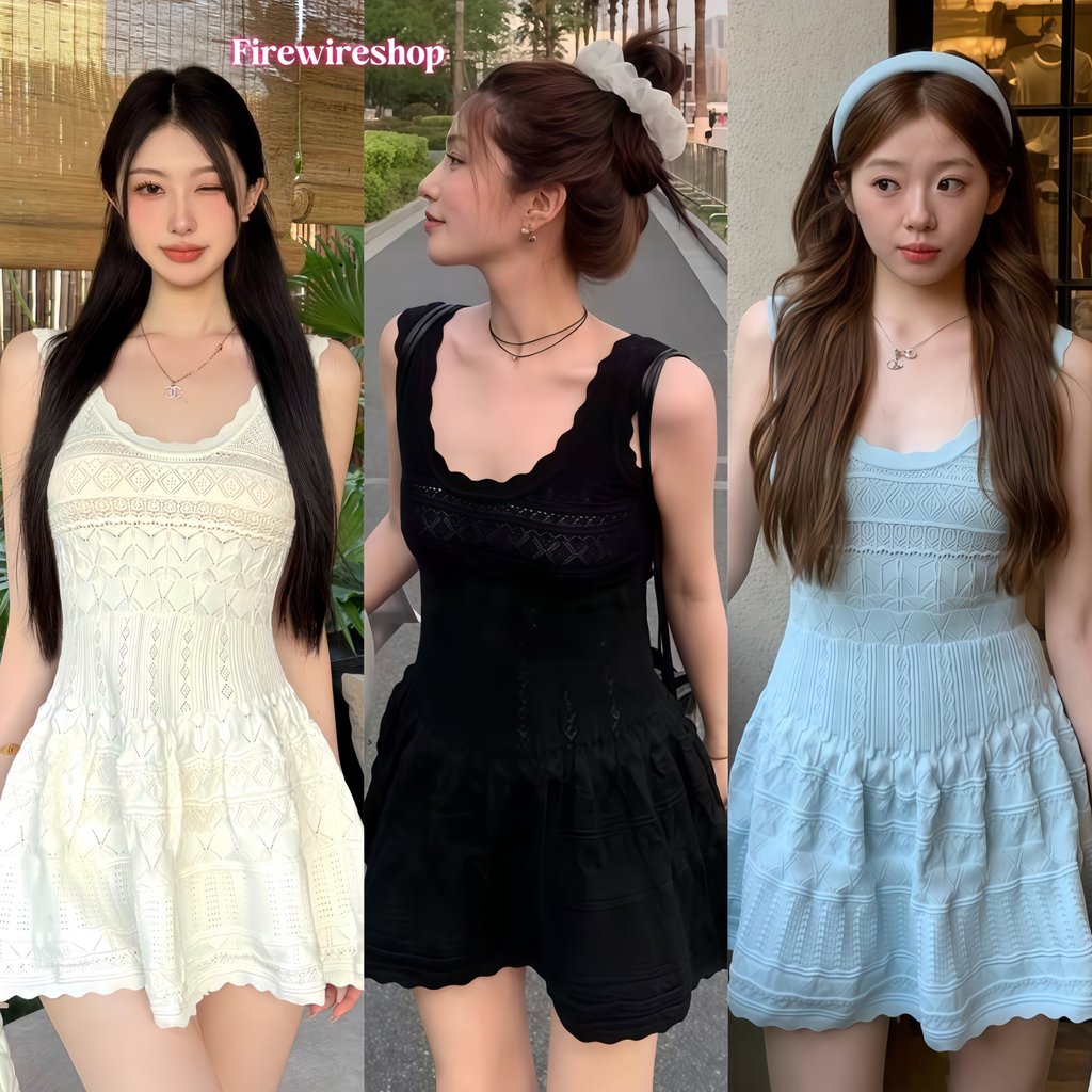 Firewireshop พร้อมส่ง ชุดเดรสสตรีแฟชั่นแขนกุดไหล่ป้านถักด้านหน้า สีพื้น เซ็กซี่ ใส่สบาย ผ้า-W-N096