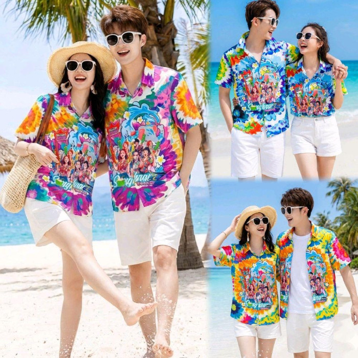 Pinkเสื้อฮาวายลายมัดย้อม Songkran สีสันสดใส ไซส์S-8XL ผ้าโพลีพลีเมี่ยม ทรงวัยรุ่น หญิงชายใส่ได้ ลายคมชัด 1ตัว