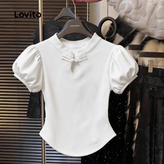 Lovito เสื้อยืดลำลองสไตล์จีนใหม่ ชุดกี่เพ้า ดีไซน์เว้าช่วงตั…