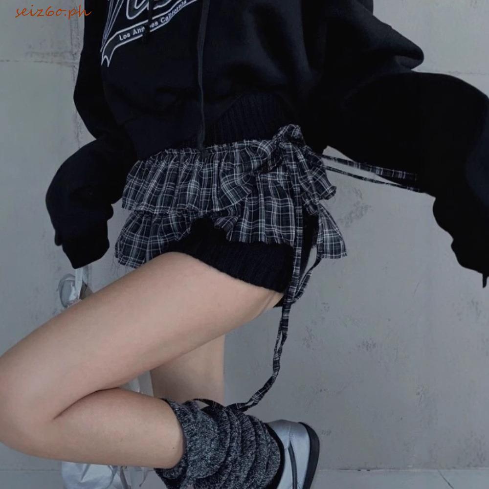 SEIZ6O ชั้นชุดกระโปรงลายสก๊อต, Hip-hop Y2K Lace Up Hip ผ้าพันคอ,แฟชั่นเสื้อหวาน Extender สไตล์เกาหลี