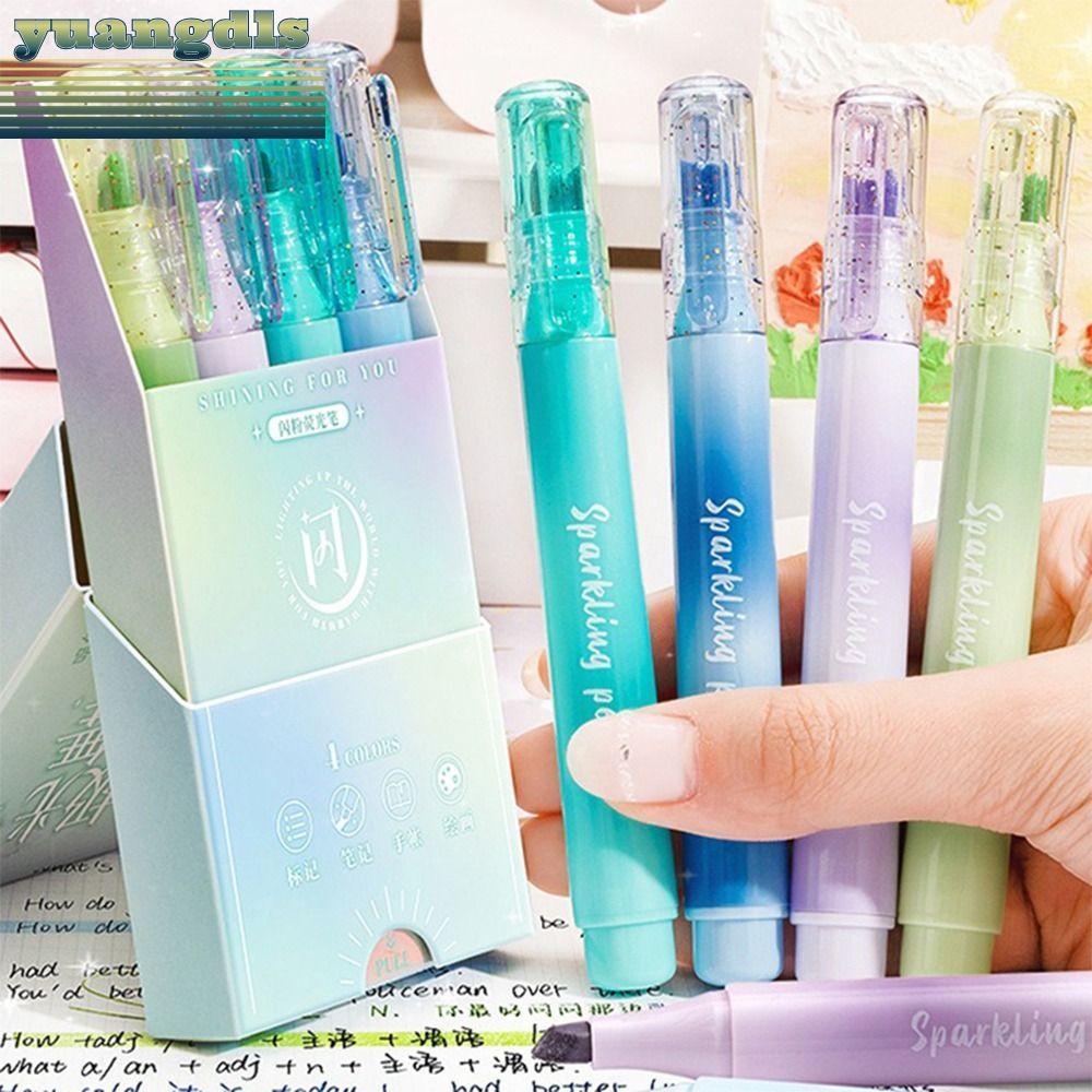 YUANG 4PCs/Set Shiny Highlighter Pen, Glitter Eye Protection Fluorescent Pen, Creative Oblique Tip H