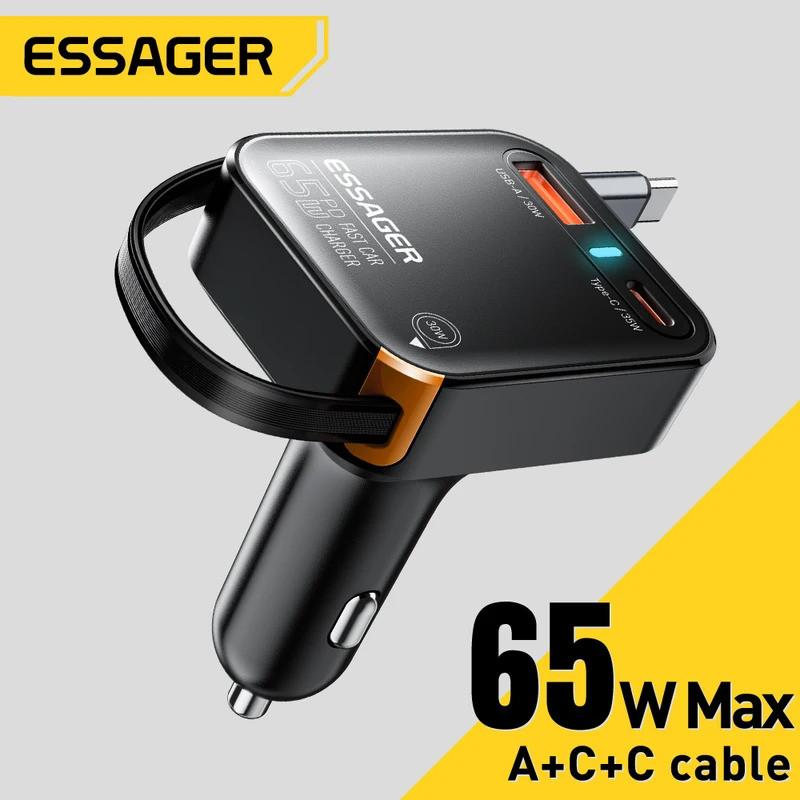 Essager 65W Car Charger สายสปริงแบบพับเก็บได้ PD QC SCP FCP AFC Fast Charging สําหรับ iPhone 16 Sams
