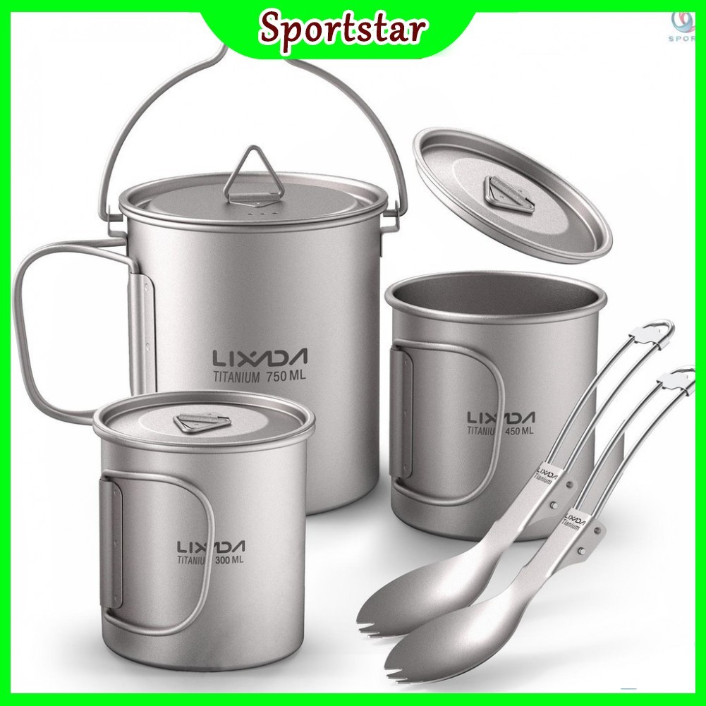 【⚽Sportstarlightweight Ti 5 ชิ้นชุด Ti 750ml หม้อ 450ml และ 350ml ถ้วยน้ําพร้อมฝาปิดพับพับพับ Spork 