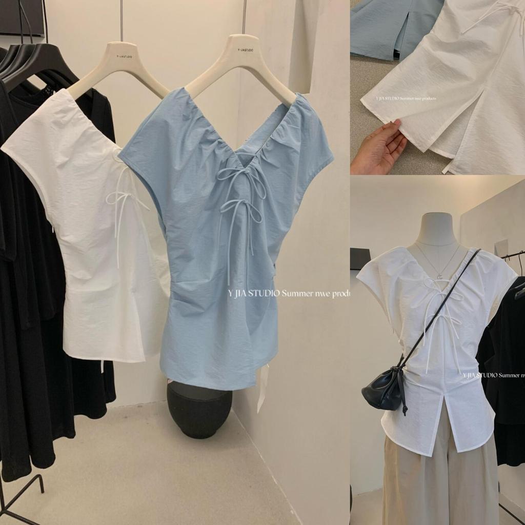 Chili Koko เสื้อแขนกุดคอวีผูกเอวทรงหลวมสไตล์ฤดูร้อนสำหรับผู้หญิง  เอวเข้ารูป ชายเสื้อผ่า เสื้อลำลองทรงหลวม 99200