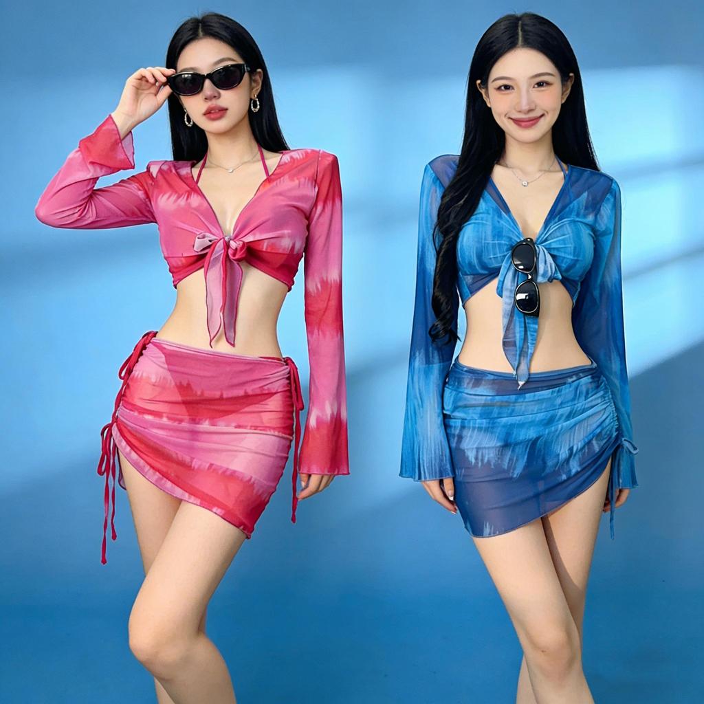 ชุดคลุมปกปิดแขนยาวกันแดดแบบพลิ้ว 4 ชิ้น | สีน้ำเงินและฟูเชีย แห้งเร็ว ชุดคลุมกันแดด