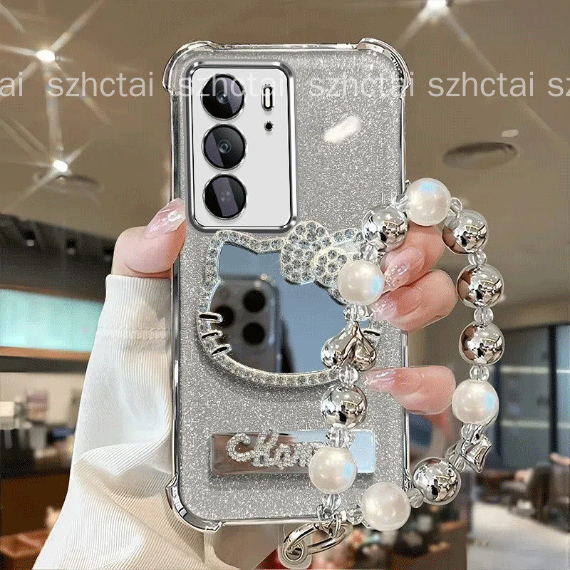 เคสสําหรับRealme C71 C65 C75 C75X 4G Realme 14X 5Gสี่มุมเคสโทรศัพท์กันกระแทก3Dน่ารักเพชรแมวกระจกแต่งหน้าวงเล็บพับได้พร้อมสร้อยข้อมือใหม่กรณีนุ่ม