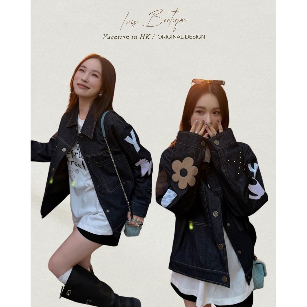 Vacation in HK |Original Design IRIS BOUTIQUE 26 ss IJYK21 Graphic Sleeve Denim Jacket แจ็กเก็ตเดนิมดีเทลลายGraphic