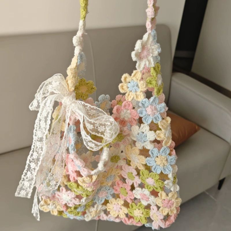 手工钩 ถัก 彩 拼片 spander 单 นีออน包diy เยื่อกระดาษ包自制大包礼物架หญิงแฮนด์เมดโครเชต์สายรุ้งดอกไม้เย็บปะติดปะต่อกั