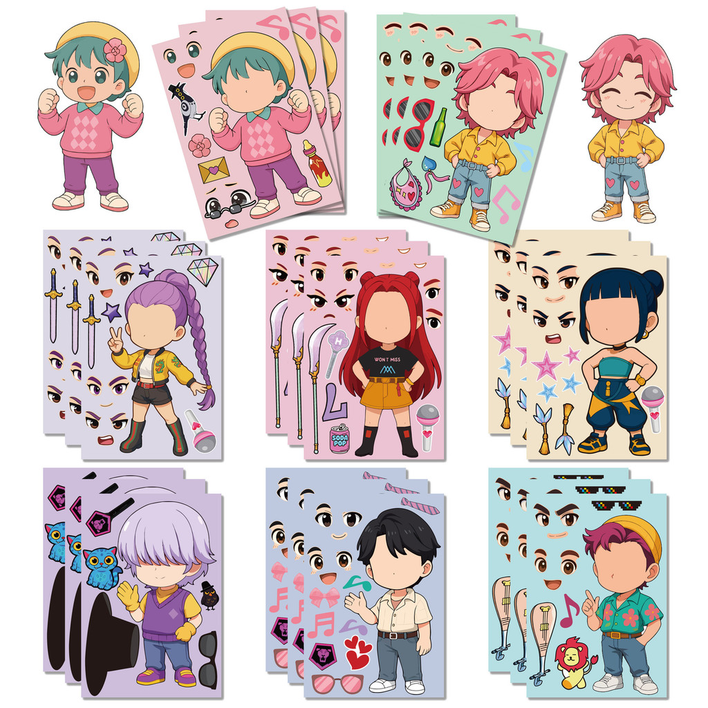 8PCS KPop Demon Hunters สติกเกอร์การ์ตูน Make A Fac วาดเด็กอะนิเมะแต่งตัวสติกเกอร์สร้างสรรค์การปรับแต่ง