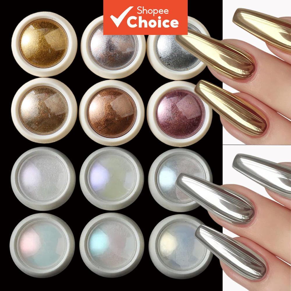 ยาทาเล็บเมทัลลิคเคลือบเงา 12 สี ผงกระจก กลิตเตอร์ตกแต่ง และอุปกรณ์