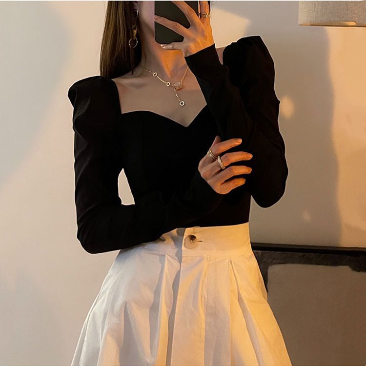 แฟชั่นคอปก Slim-fit Top ฟื้นฟูฤดูใบไม้ร่วงรู้สึก cod พัฟภาษาฝรั่งเศสคําเซ็กซี่ Classy ฐานฤดูใบไม้ผลิ