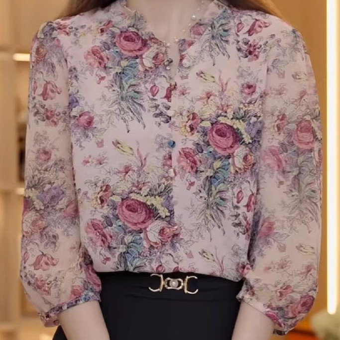 #BG เสื้อเชิ้ตแขนยาวคอกลมผ้าชีฟองลายดอกไม้สำหรับฤดูร้อนของผู้หญิง ทรงหลวมช่วยให้ดูผอมเพรียว แขนสามส่วน#99097