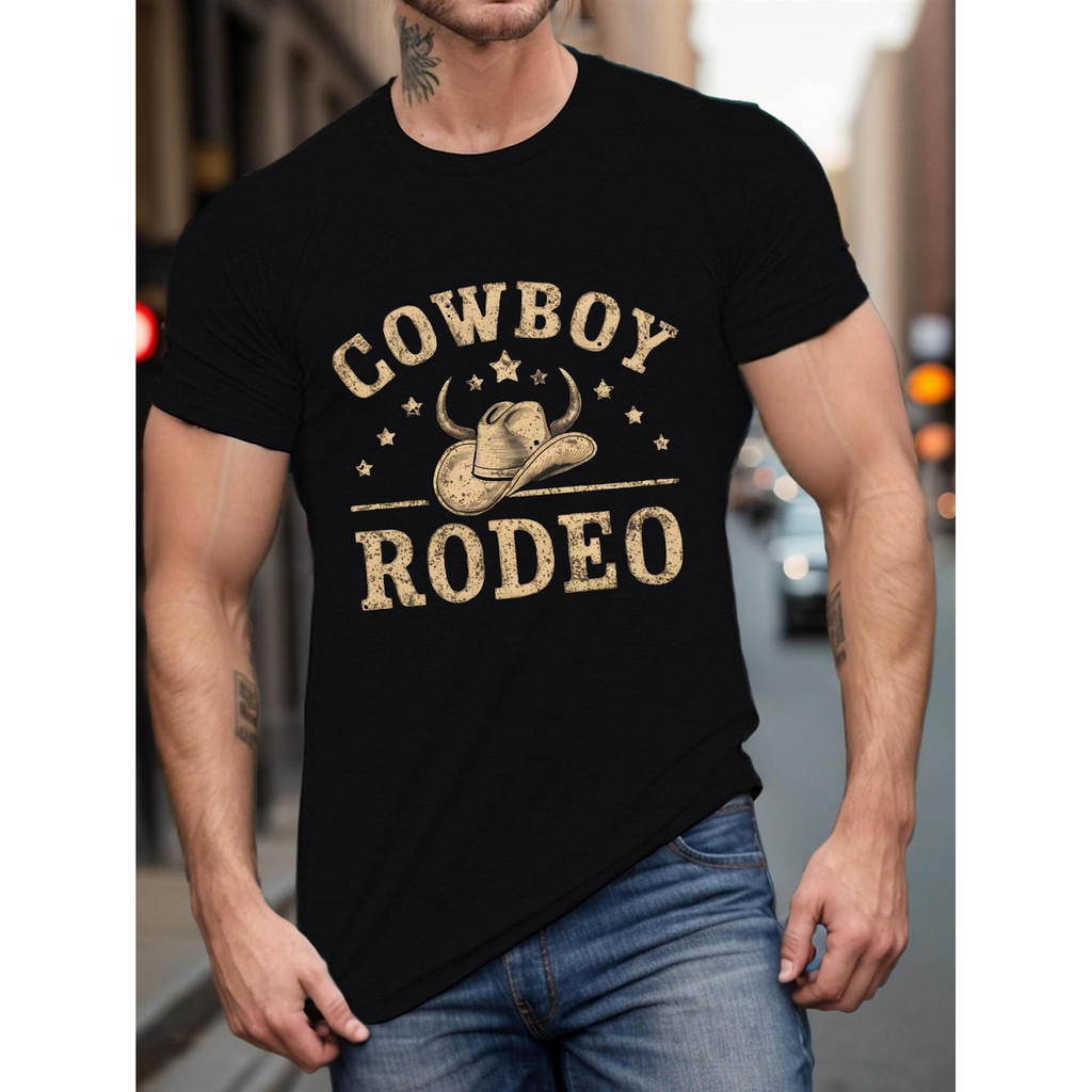 แฟชั่นCOWBOY with Cowboy Hat Print Tee Shirt, Tees for Men, Casual Short Sleeve T-Shirt for Summer