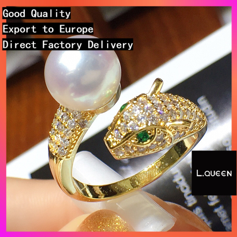 L.QUEEN แหวนมุกน้ําจืด 9-10 มม.Basic Round Front Face Flawless 18k Gold Inlaid Leopard Open Ring 122