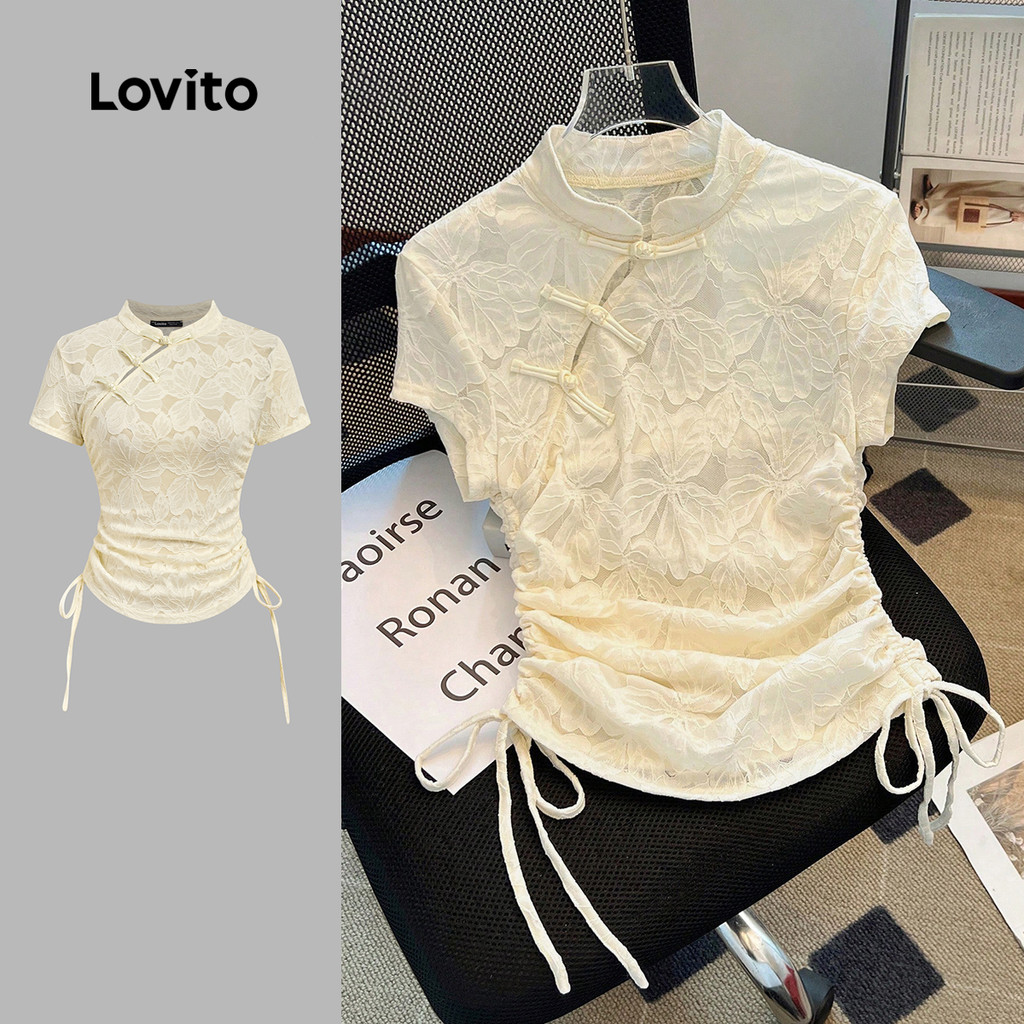 Lovito เสื้อยืดลําลอง Jacquard สําหรับฤดูใบไม้ผลิ/ฤดูร้อน สีแอปริคอท สําหรับผู้หญิง LK2EDD047