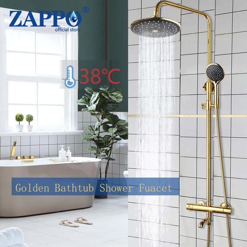 ZAPPO Thermostatic Shower Faucet Set Rain Shower Faucet ร้อนและเย็น Golden Shower Systerm อ่างอาบน้ํ