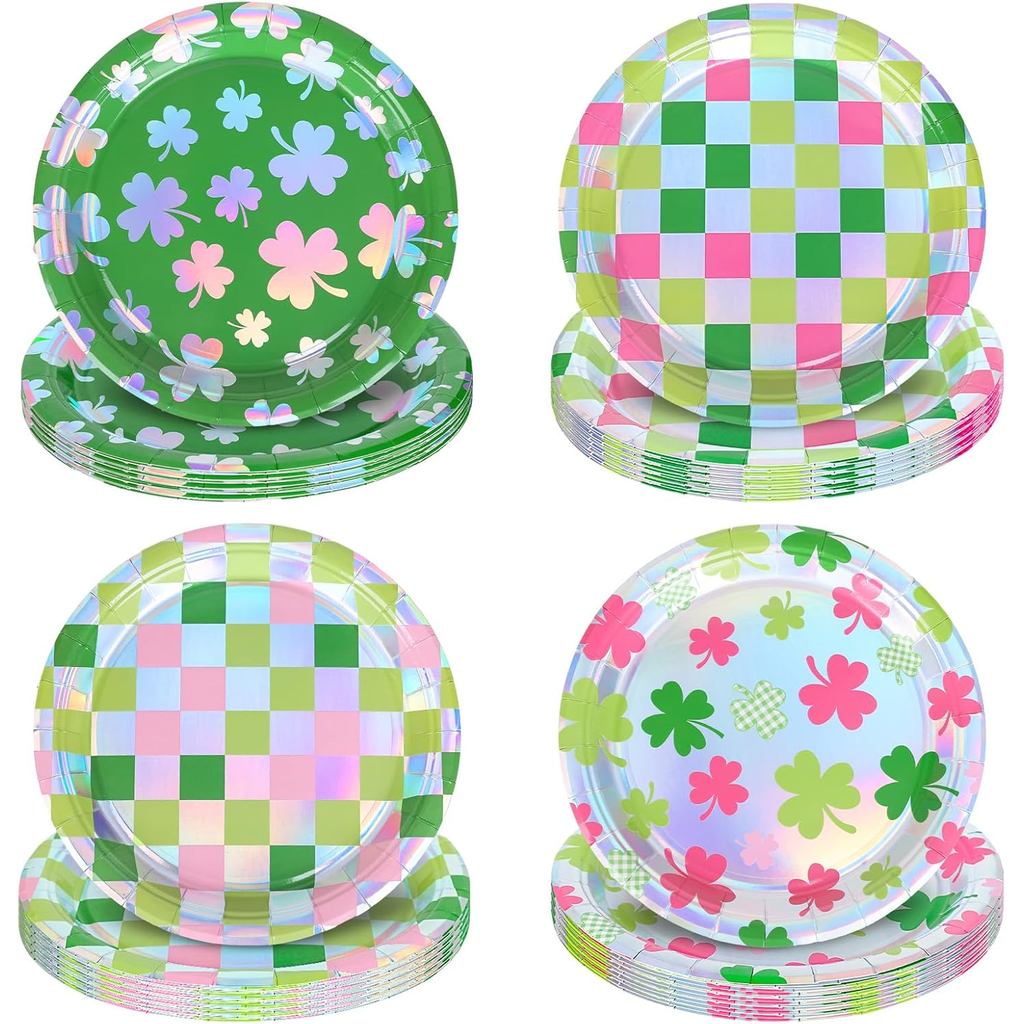 เซนต์. Patricks Day กระดาษฟอยล์แผ่น Shamrock Clover ลายสก๊อตแผ่นทิ้ง 9 นิ้ว Irish สีชมพูสีเขียว Part