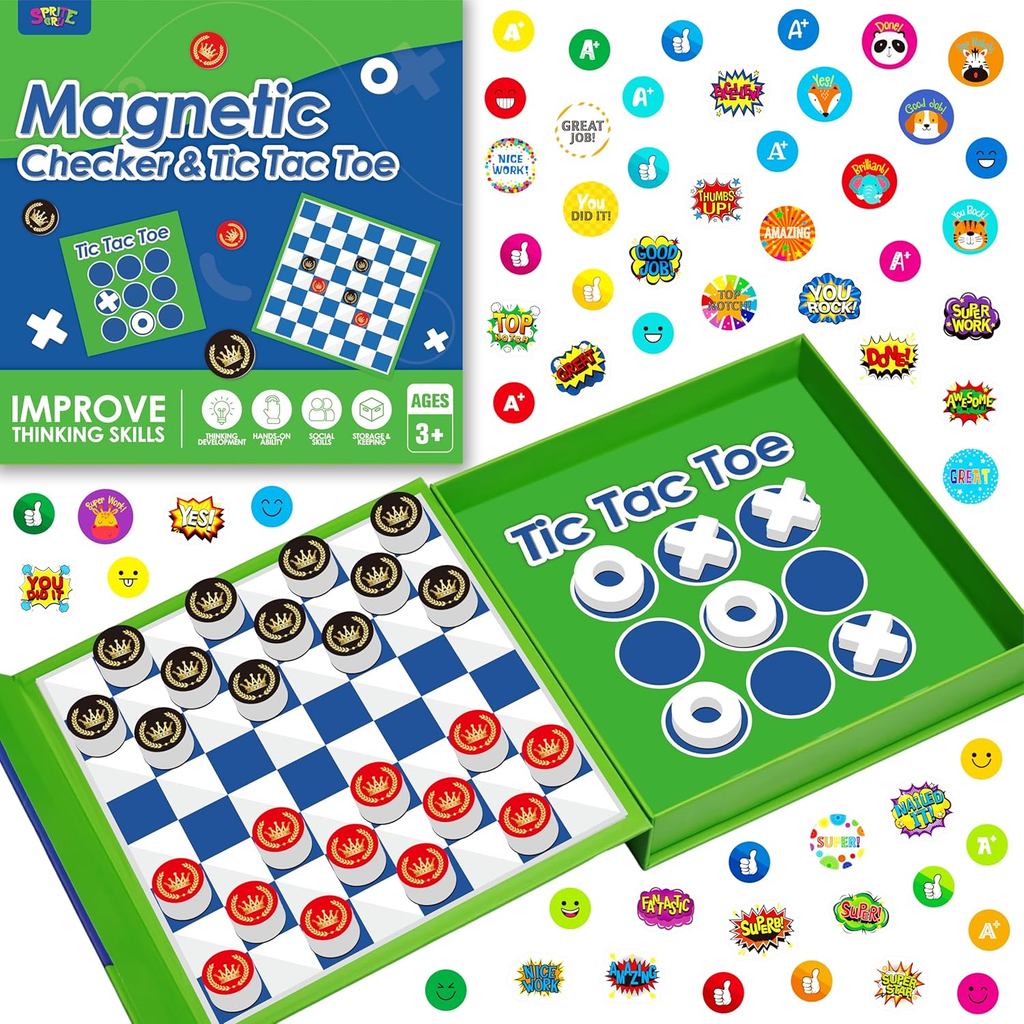 ชุดหมากฮอส 2 in 1, กระดานเกมแม่เหล็ก -Checkers & Tic-Tac-Toe, หนาโฟม Checker Road Travel Game พร้อมส