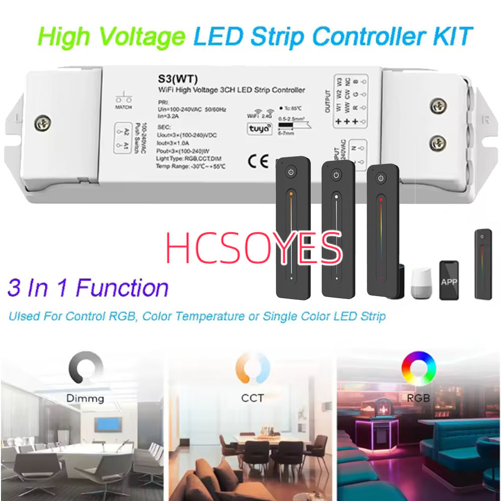 แรงดันไฟฟ้าสูง LED Strip Controller ชุด WiFi TUYA APP สมาร์ทควบคุม LED Dimmer 3 IN 1 DC 220V 230V 2.