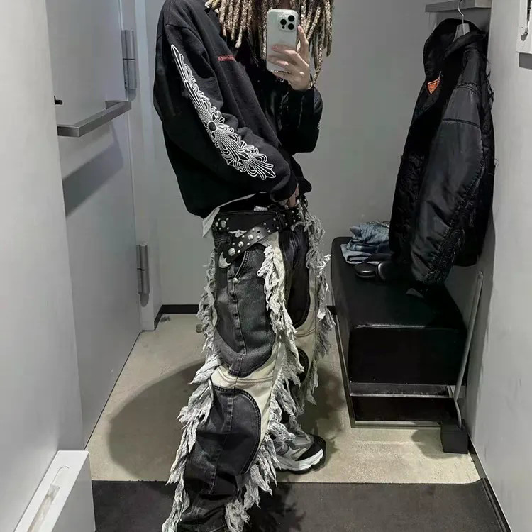 Thug club Leather Contrast Color Straight Wash Jeans