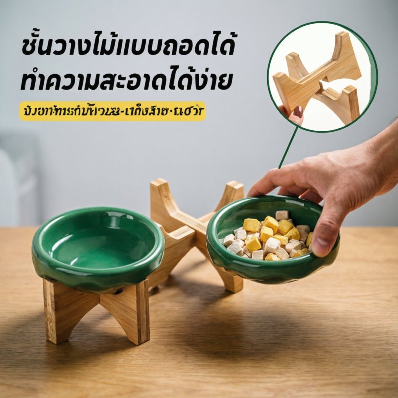 ชามอาหารแมว ชามอาหารสุนัข ชามเซรามิก ยกสูง โครงไม้ คุณภาพดี พร้อมส่งจากไทย