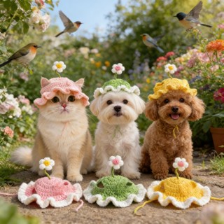 หมวกสัตว์เลี้ยงไหมพรม แบบนิ่ม ลายสัตว์ และดอกไม้ 3ง สําหรับแ…