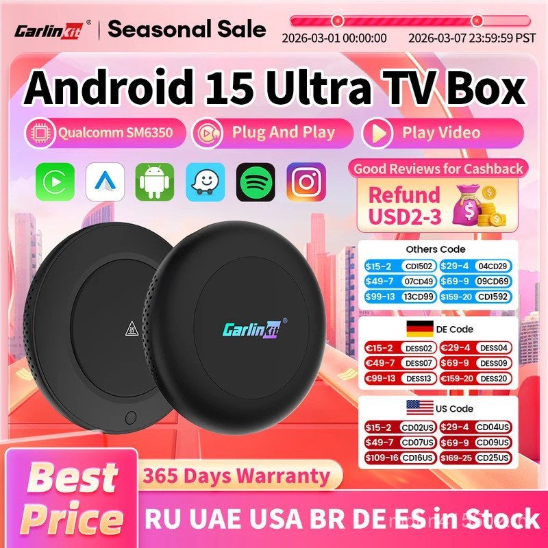 8G + 128GB CarlinKit CarPlay AI กล่อง Android 15 Ultra2 SM6350 ไร้สาย CarPlay Android Auto TV กล่องส