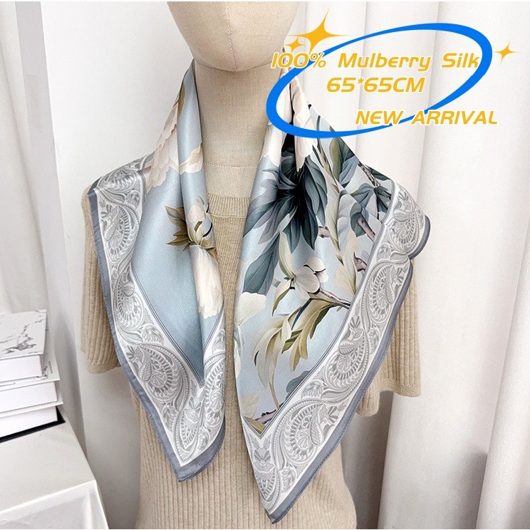ผ้าพันคอลายฟlöรา ขนาด 65*65 ซม. จากไหมเมลเบอร์รี่ 100% สีน่ารักสองสีสำหรับผู้หญิง
