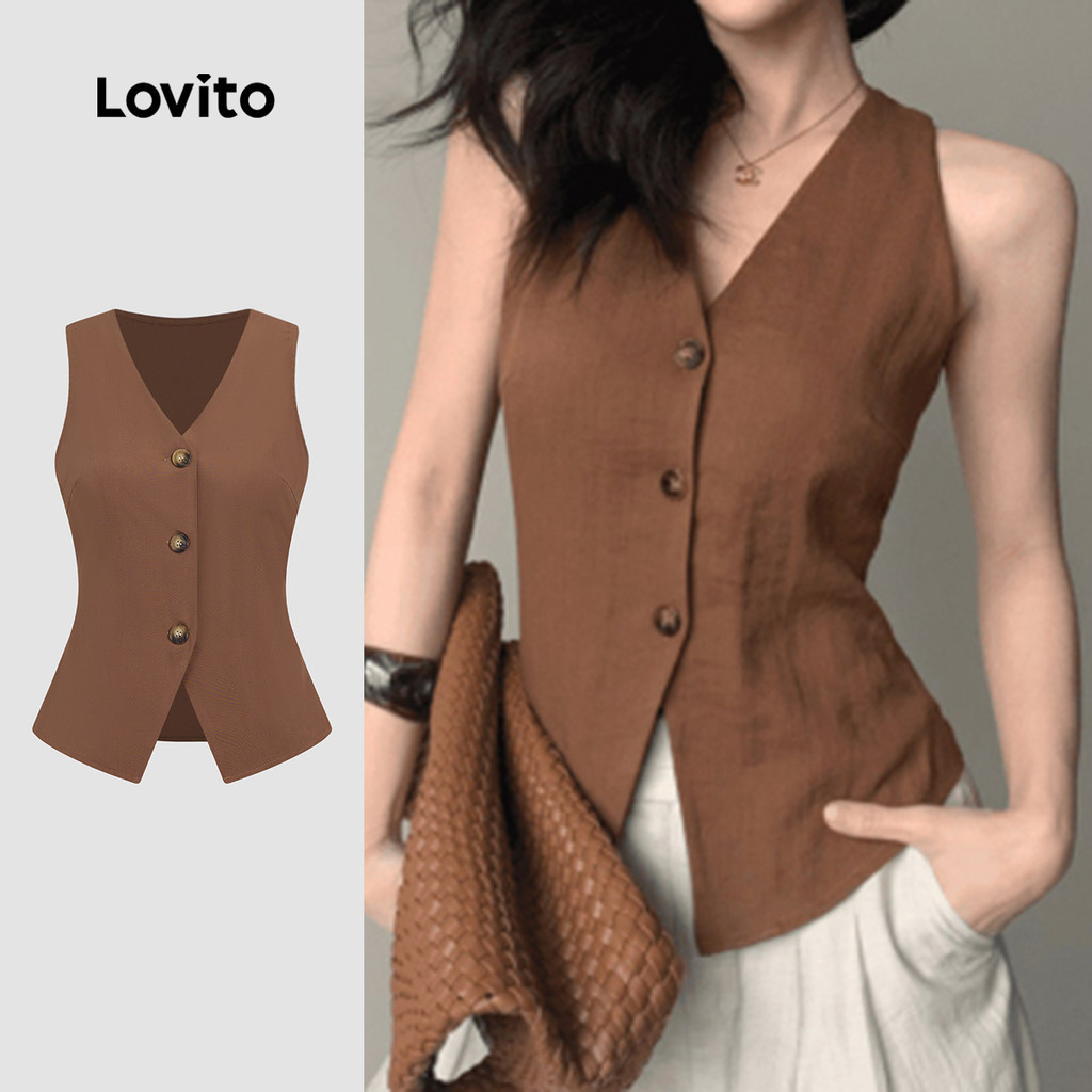 (New) Lovito เสื้อสายเดี่ยวเรียบหรูสำหรับผู้หญิง สีช็อคโกแลตบราวน์ เย็บติดกระดุมด้านบน สไตล์ฤดูใบไม้ผลิ/ฤดูร้อน L143ED024