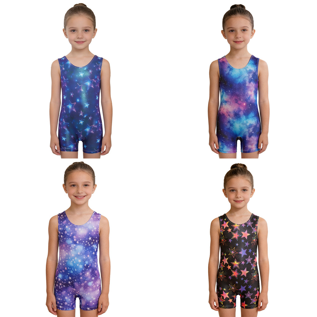เด็กผู้หญิง Star พิมพ์ Leotard แขนกุดความยาวต้นขา เหมาะสำหรับการฝึกซ้อมและแข่งขัน