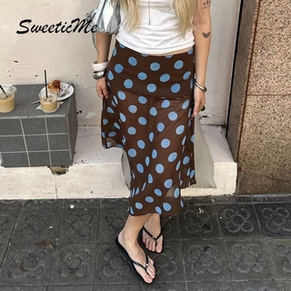 SweeticMe แฟชั่นผู้หญิงใหม่ Contrast สี Polka Dots ไม่สม่ําเสมอตาข่ายดูผ่านกระโปรงยาว