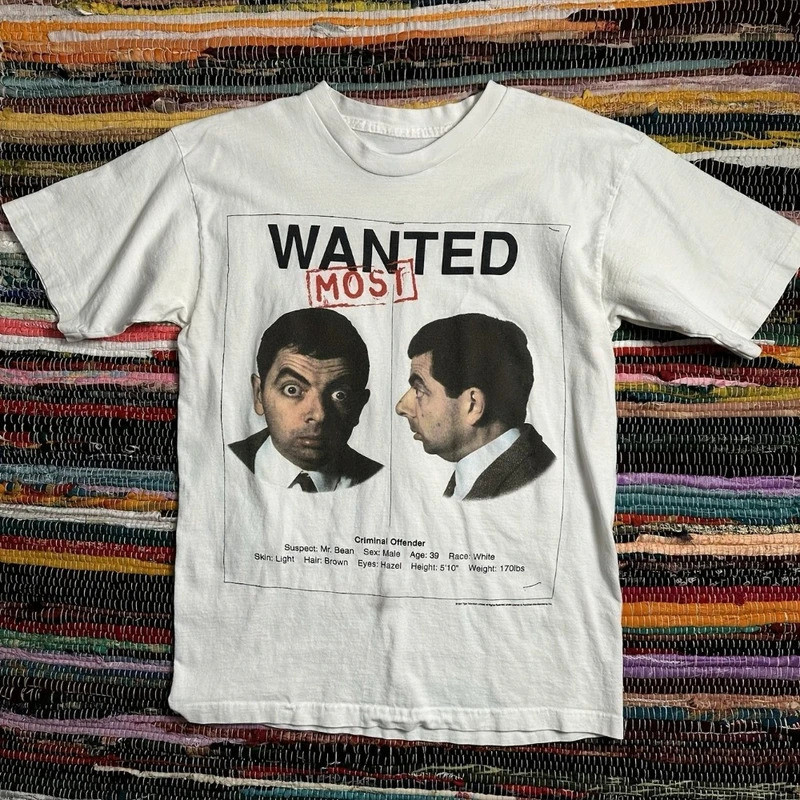 เสื้อยืดผู้ชายหายาก ปี 1997 ลายโปรโมทภาพยนตร์มิสเตอร์บีน สีขาว วินเทจ พร้อมลายโปสเตอร์ของตัวละครดังและตัวละครที่มีเอกลัก