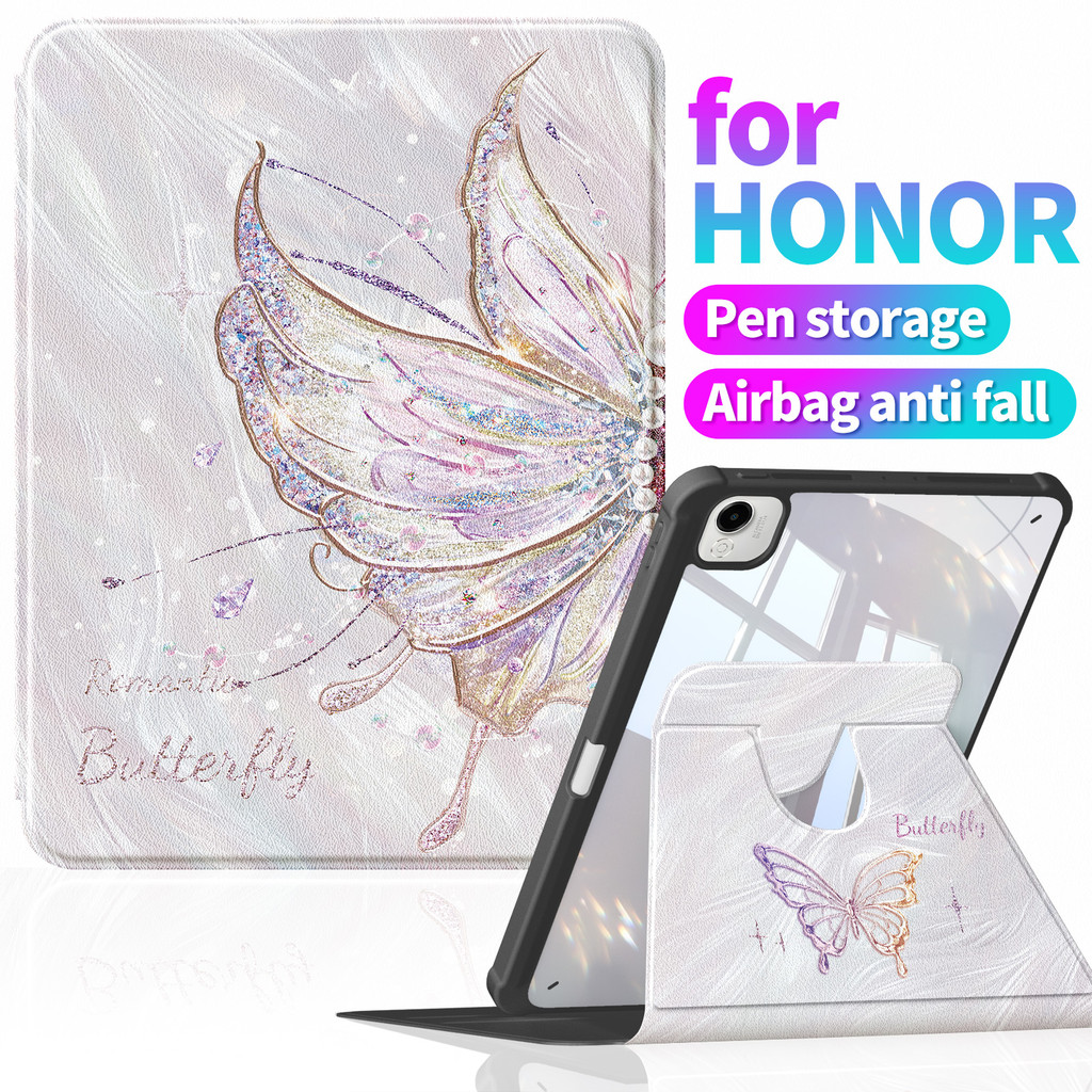 A1153 CrystalrobingHieHonor Pad 9 กรณี 12.1 นิ้ว 360 หมุนแนวตั้งสนับสนุน Clear Hard กลับหนังสมาร์ทฝาครอบกันกระแทกสําหรับ Honor Pad 10 / X9a / 8 พร้อมช่องเสียบปากกา 360