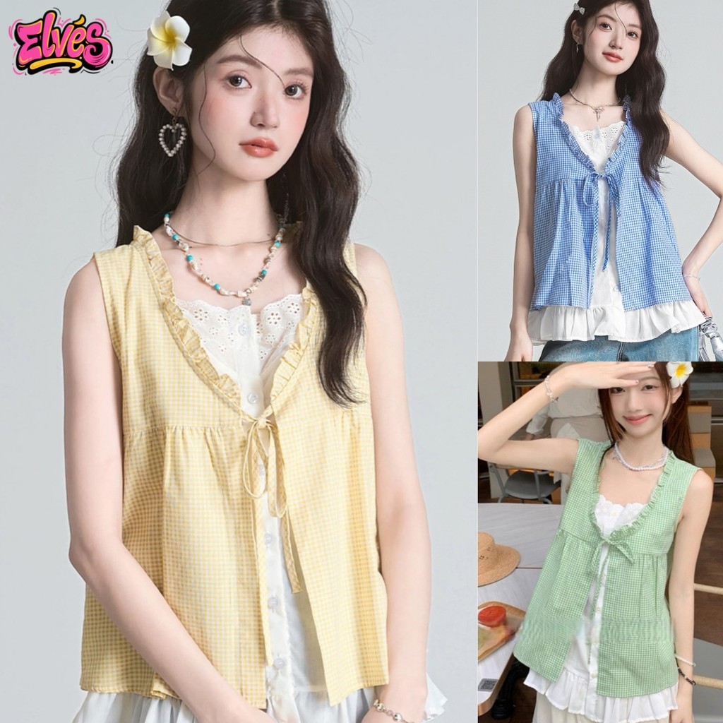 Elves พร้อมส่ง💟 เสื้อกล้าม2ชั้น ลายตารางสีพาสเทลยืดพอดีตัว สไตล์เกาหลี"FY5079"