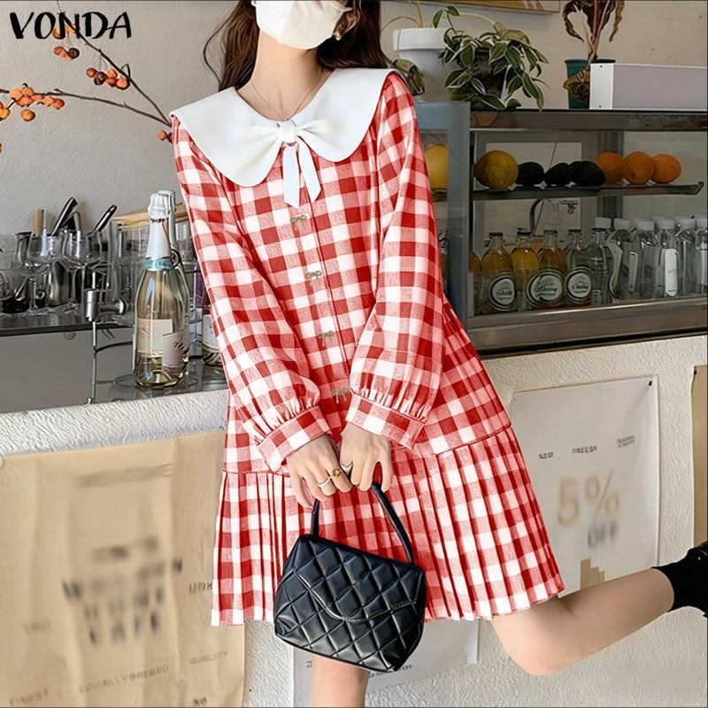 VONDA تنورة كورية بياقة دمية وفيونكة وكسرات كاروهات — صورة 5