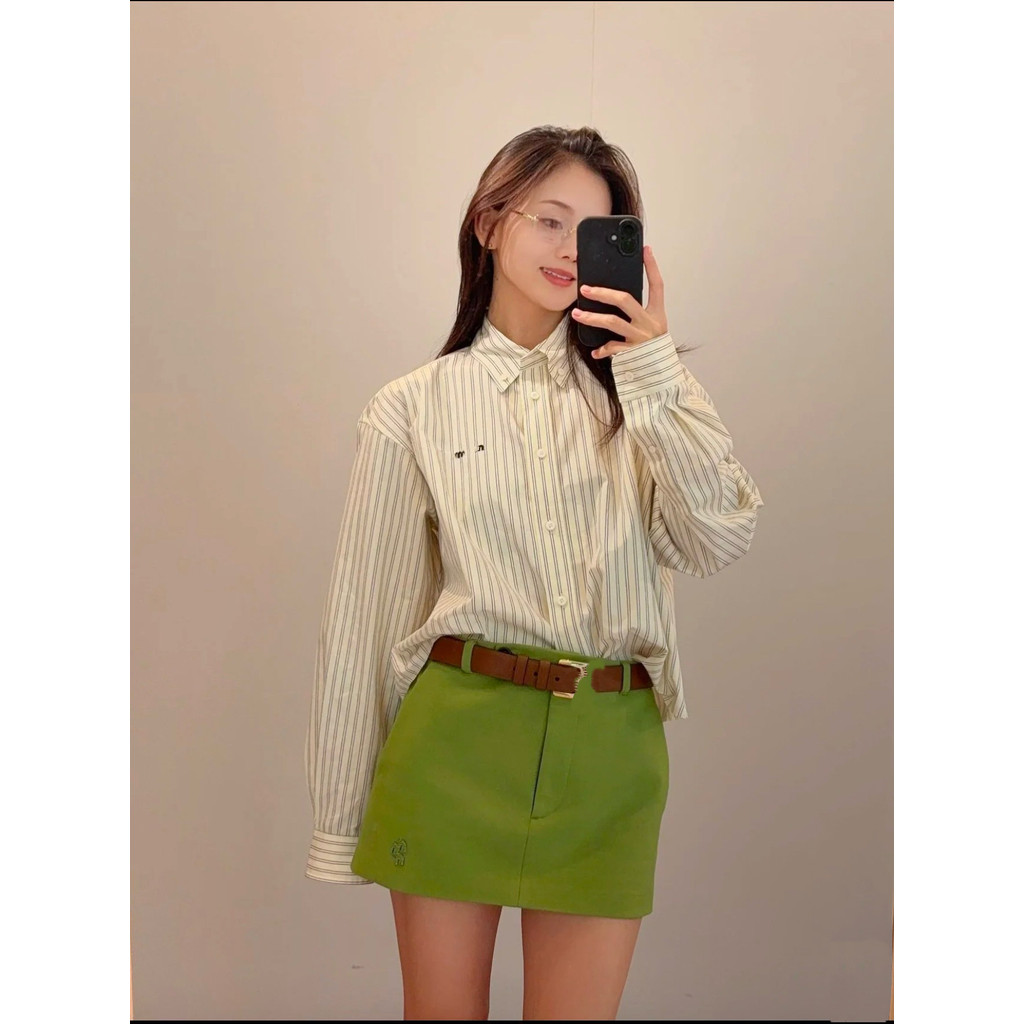 7IN3 MIUMIU Autumn and Winter New️Color-blocking on the chest logo Embroidered Striped Turn-Down Col