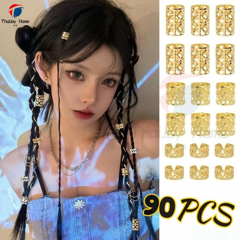 [90 ชิ้นต่อ 1 แพ็ค] แหวนผมกลวงออกเงินทอง อุปกรณ์เสริมถักเปียหลายสไตล์ ฮิปฮอป แฟชั่น ปรับได้ ห่วงผมลูกปัดล็อคโลหะ ตกแต่งถักเปียสกปรก สําหรับสาวเผ็ด
