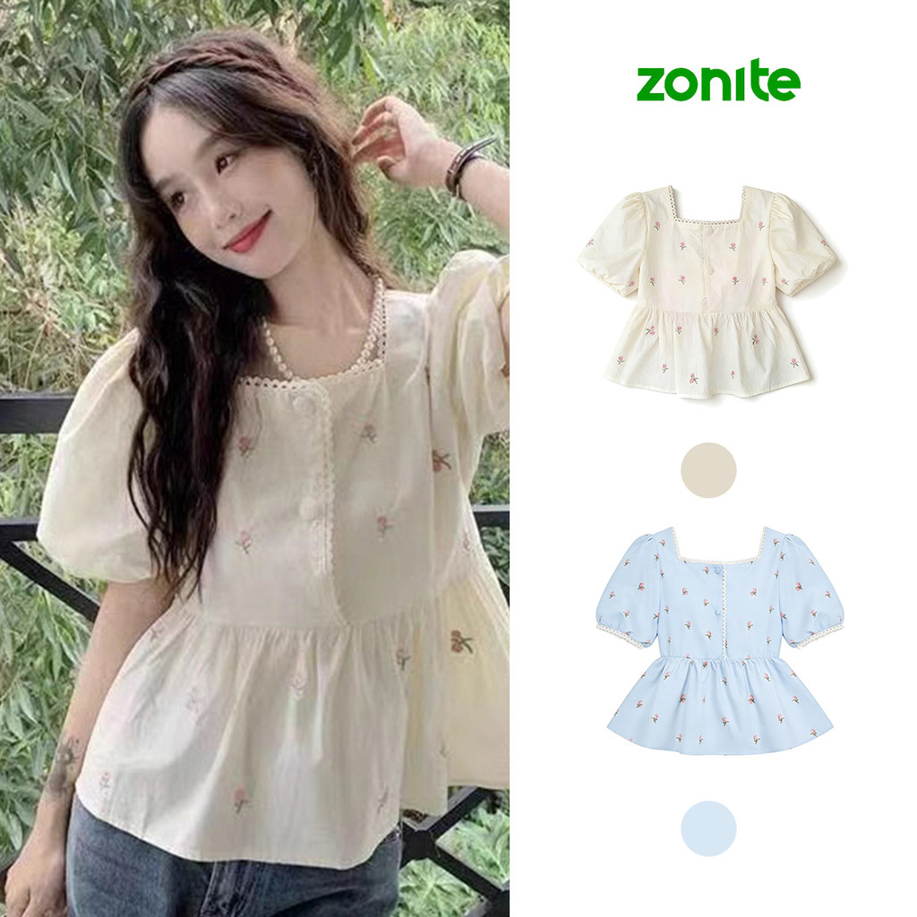 เสื้อเบลาส์ลายดอกไม้ผู้หญิงแขนสั้น สไตล์หวานๆ  ทรงหลวม