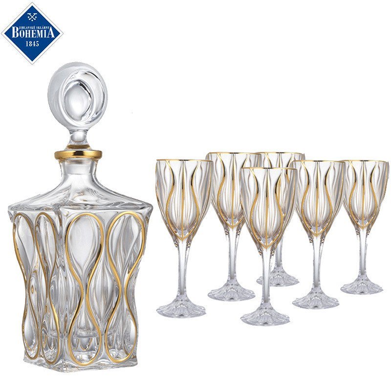 แก้ว BOHEMIA แก้ววิสกี้แก้วไวน์ภาษาเช็คคําชุดโบฮีเมียนคริสตัลนําเข้า Gold Line Drawing Wine Set N0OY