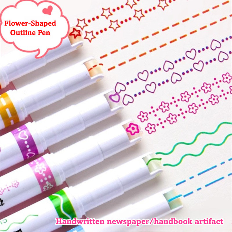 Creative 6 สีคู่มือลูกไม้ปากกา Wave ดอกไม้รูป Highlighter diy Contour Curve ปากกานักเรียน Key Marker ปากกา