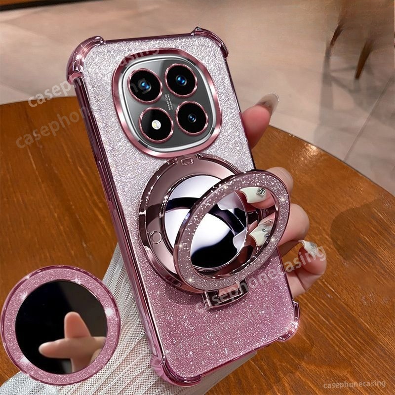 เคสโทรศัพท์สําหรับRedmiหมายเหตุ15 14 Pro + Plus Note15Pro + 14Pro + 4G 5G 2026ปลอกGlitterกระจกขาตั้งแม่เหล็กGlitterชุบซิลิโคนกันกระแทกเลนส์ป้องกันปกหลัง