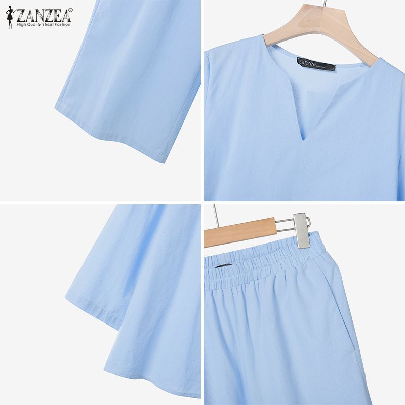 ZANZEA ชุดสำหรับผู้หญิงสไตล์เกาหลี แขน3/4 อายยางยืด ขาทรงกว้าง ชุดสองชิ้นสำหรับใส่วันธรรมดาหรือพักผ่อน ราคา ถูกที่สุด ดีลบีเคเค แกลเลอรีภาพที่ 9
