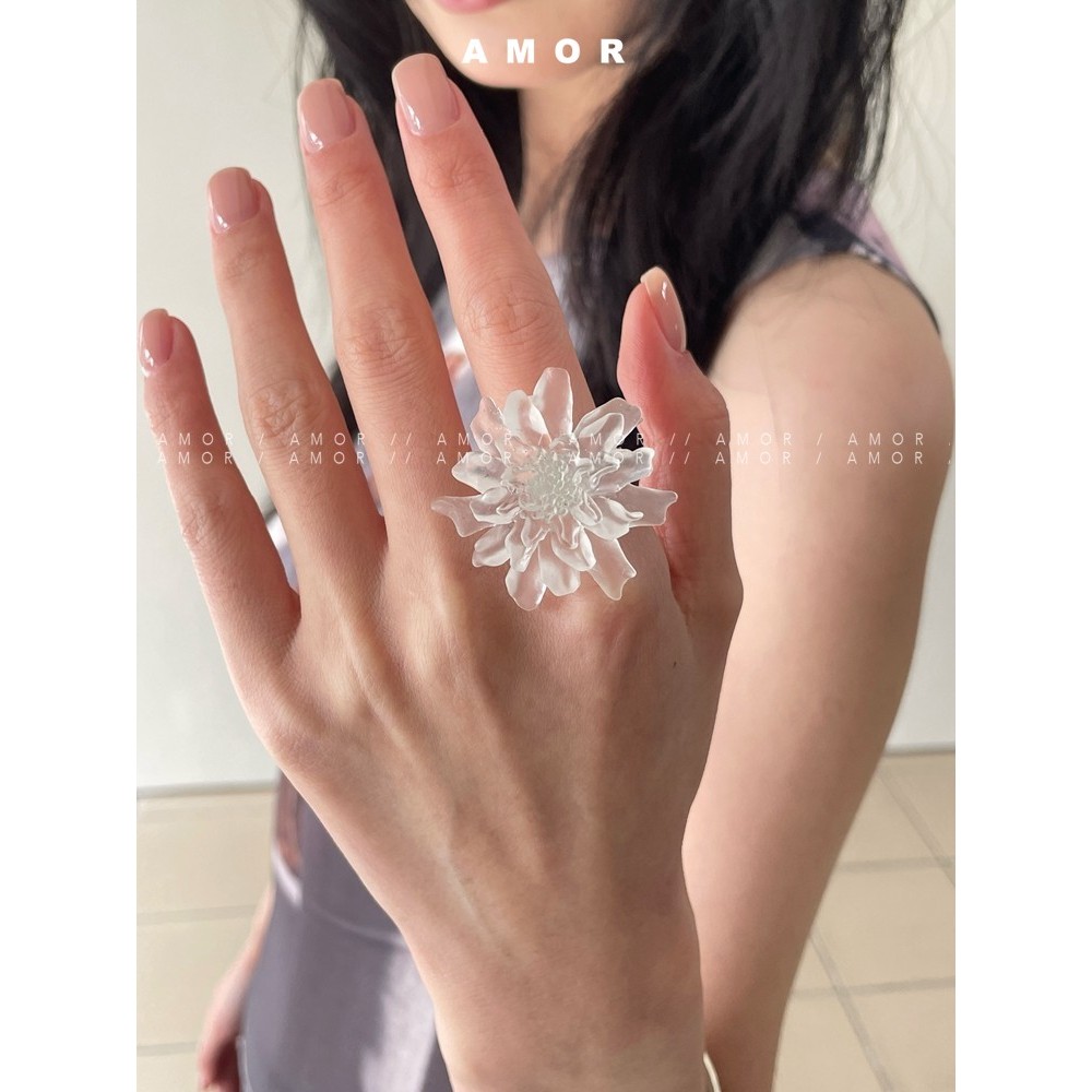 แหวนดอกไม้ขนาดใหญ่ แบบเรซิ่นแมตต์ สไตล์เกาหลีน่ารัก ปรับได้ตามไซส์มือ