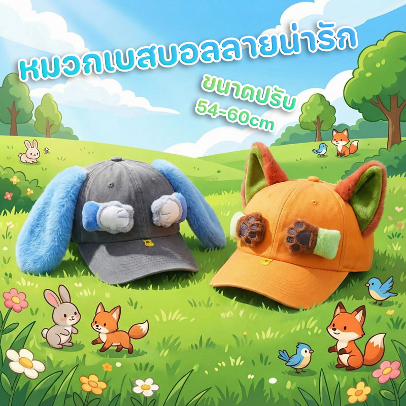 COD หมวกแก๊ปเบสบอล มีมือและหูการ์ตูนน่ารัก ขนาดปรับ 54-60cm กันแดดดี เหมาะสำหรับเดินทางและถ่ายภาพ