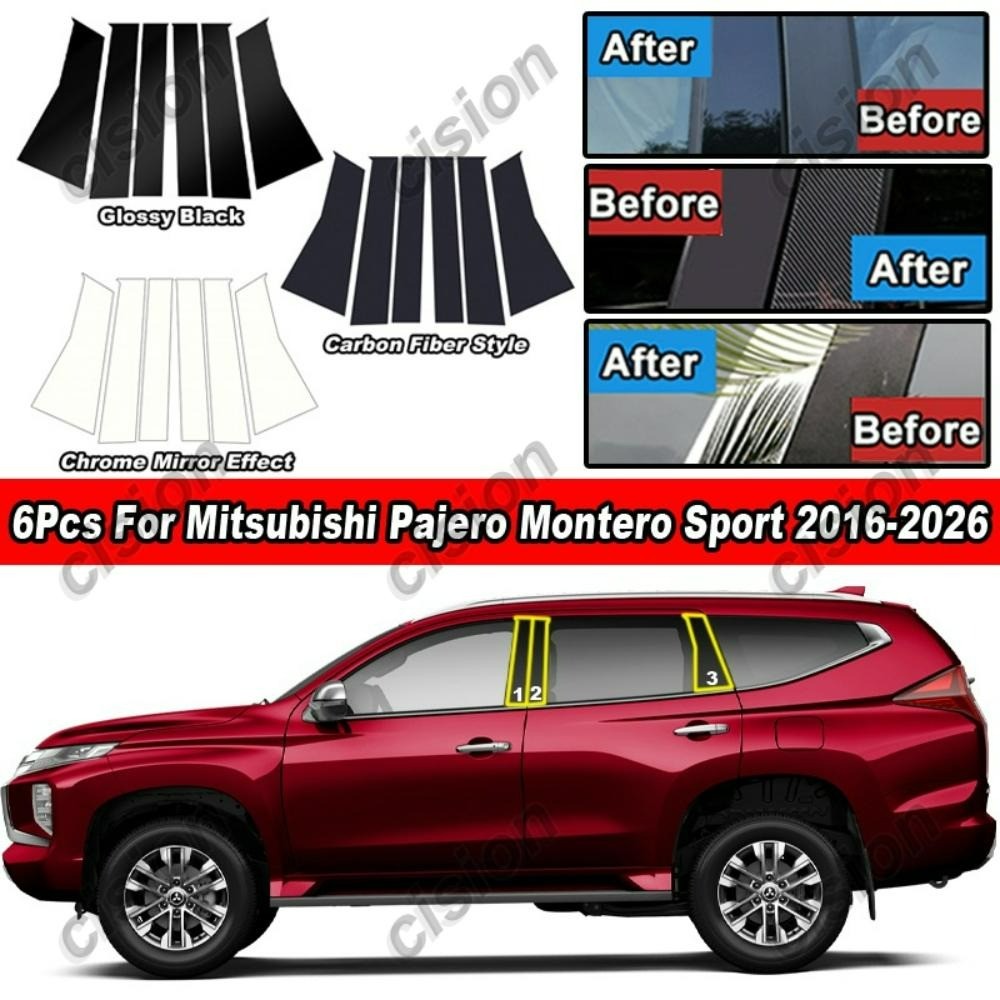 6x รถประตู Center BC เสาโพสต์กระจกสติกเกอร์สําหรับ Mitsubishi Pajero Montero Sport 2016-2026 เปียโนสีดําหน้าต่างคอลัมน์กลางกรอบ Glossy คาร์บอนไฟเบอร์ Chrome ฝาครอบ Trim