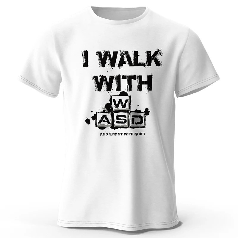 Men's I Walk with WASD Printed T-Shirt 100% Cotton Oversized Gamer Graphic Tees for Women  Tops Keyb